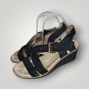 Women's 9 Merrell Sirah Lattice Sandals Black Strap Wedge Comfort Leather